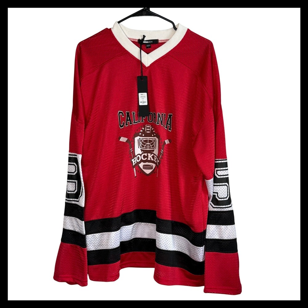NWT Fashion Nova Men California‎ 95 Hockey Jersey Red White Black Mesh Large NEW
